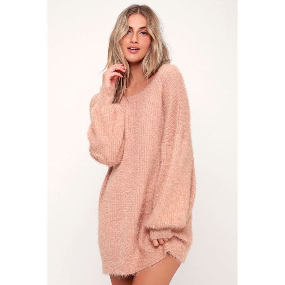 Lulus Slater Blush Pink Fuzzy Sweater Dress - Size S/M